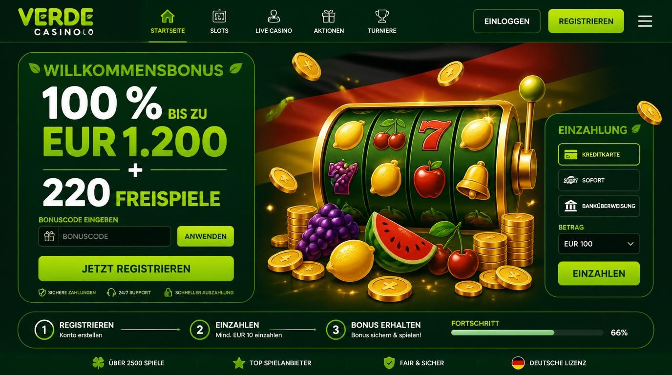 Willkommensbonus Verde Casino mit Freispiele, Fortschrittsbalken und Einzahlungsgrafik