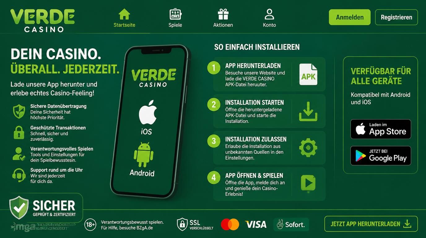 „Installationsbildschirm der Verde Casino App mit Sicherheitsmerkmalen“