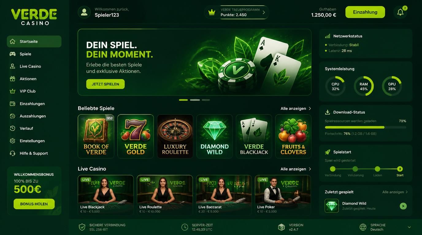 Interface mit technischer Übersicht eines Casinolobbys, Spielbibliothek und responsive Menüs.