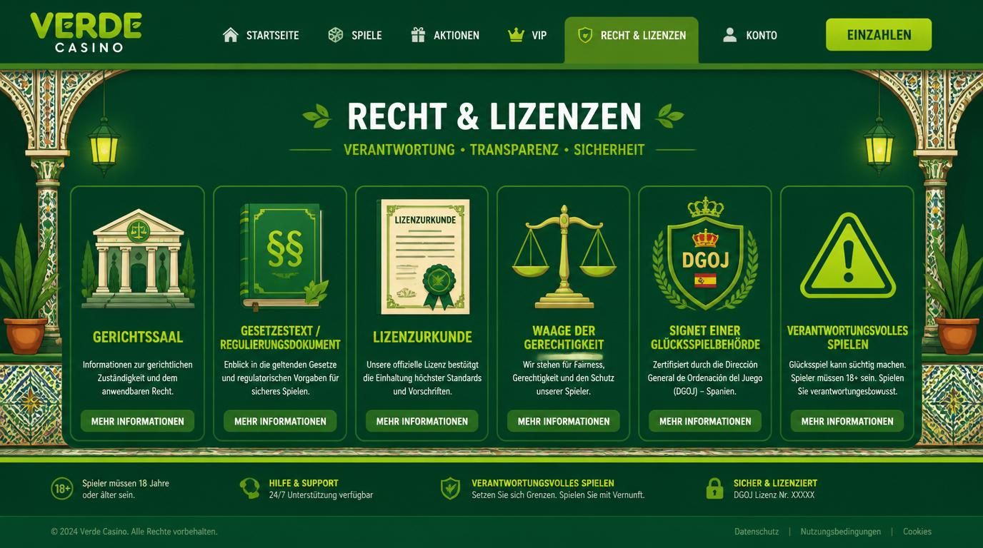 Lizenzurkunde und juristische Elemente neben Casinointerface.